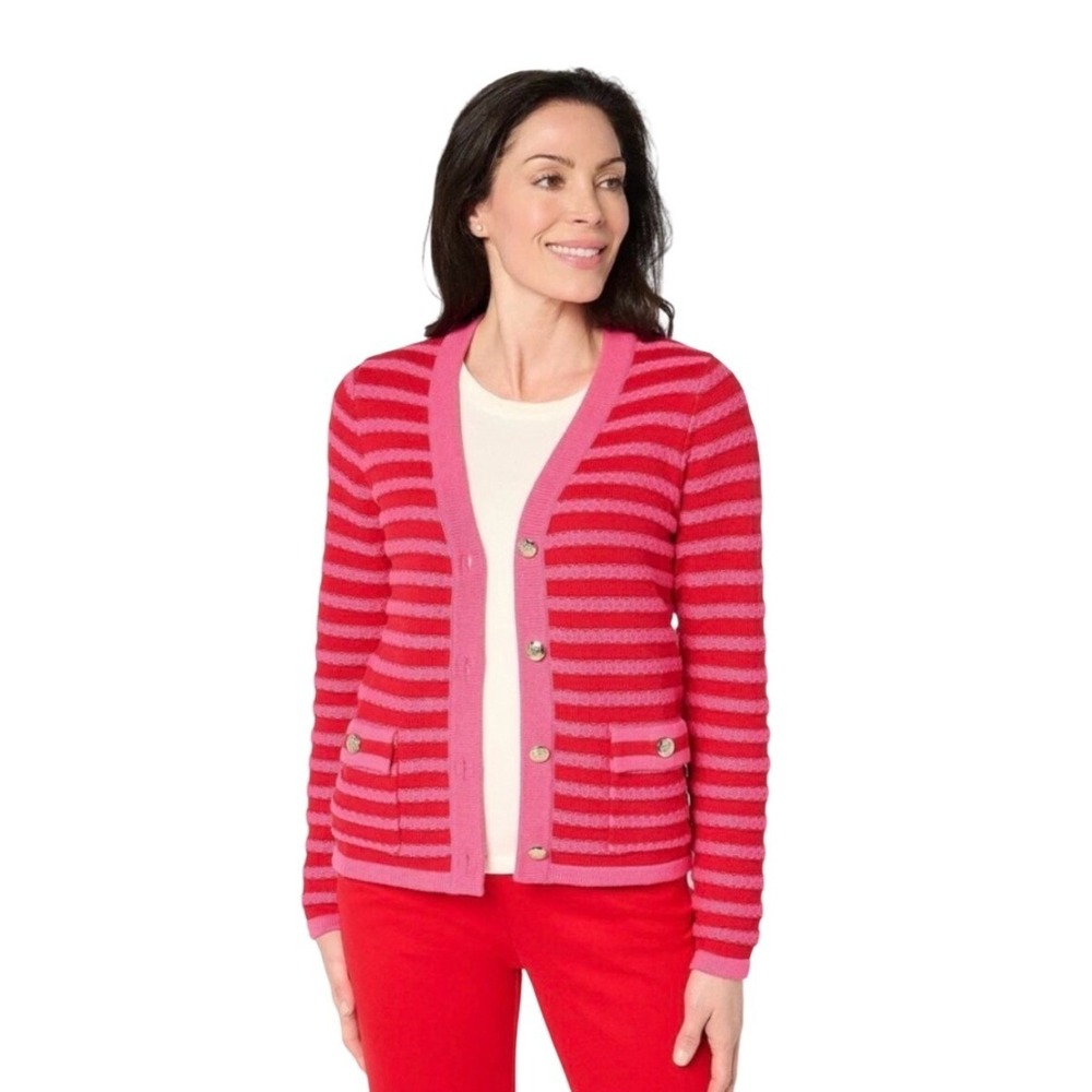 Isaac Mizrahi Live! Cardigan Womens S Striped Pink Red Button NEW